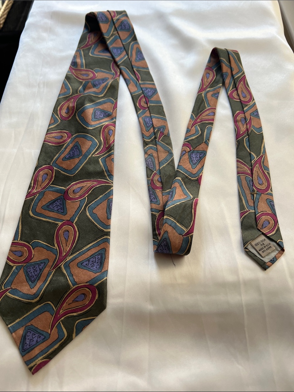 Classic Paisley 100% Silk Tie in Olive Green with Mauve and Tan Accents USA